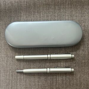2-Silver Writing Pens W/Easy Open & Close Silver Plastic Case/ Pens Need Refills